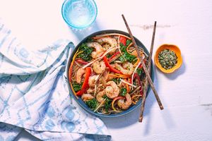 Korean shrimp japchae with yuba noodles, spinach and mushrooms