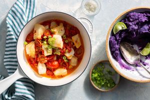 Brazilian fish moqueca over sweet potato mash