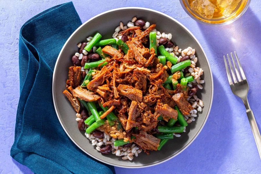 Carolina BBQ pulled pork, whole grains, and Southern-style green beans