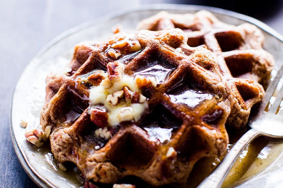 Artisanal Belgian Waffles with Maple Syrup, Butter, and Pecans