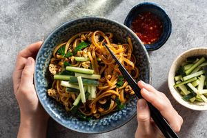 Jajangmyeon noodle bowls with tempeh, greens, and black bean sauce