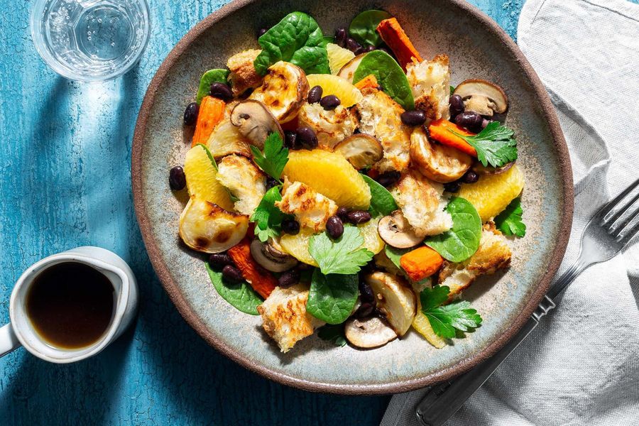 Root vegetable panzanella with black beans and cremini mushrooms