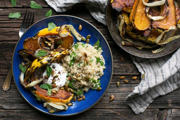 Roasted squash with toasted herb bulgur