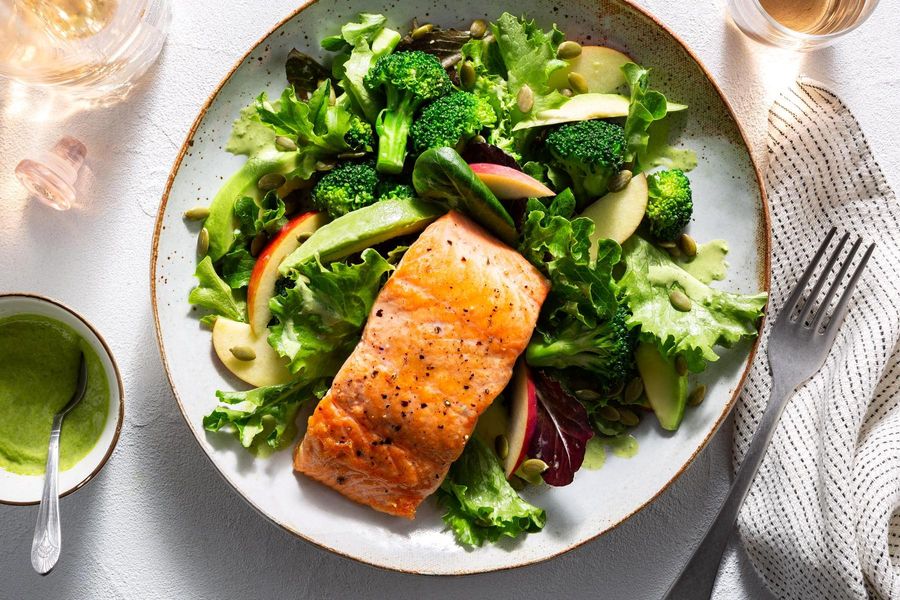 Seared salmon with green goddess salad