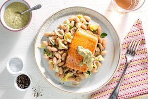 Mediterranean salmon with white bean and artichoke salad