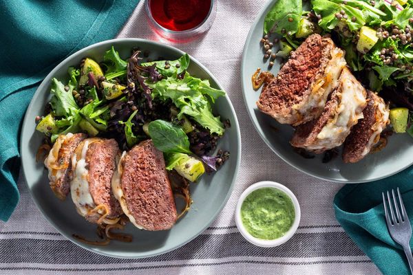 Cheesy French onion meatloaf with lentil and mixed green salad