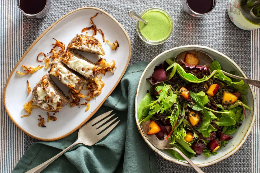French onion meatloaf with lentil and plum salad