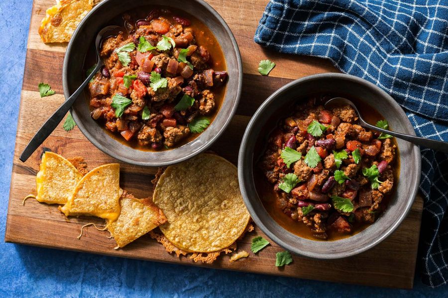 Turkey chili with kidney beans and cheesy quesadillas