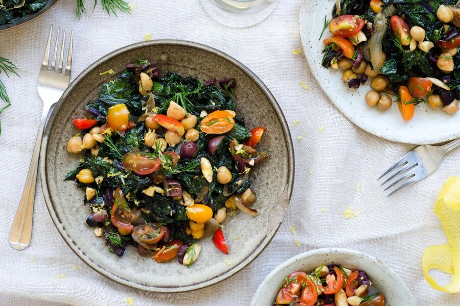 Sautéed kale with chickpeas and tomato-olive relish