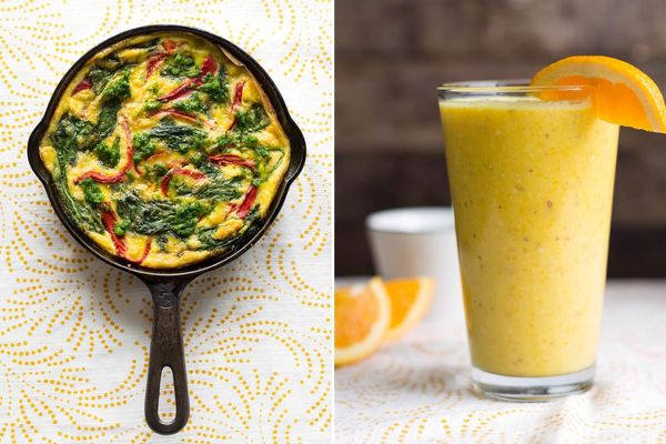 Roasted red pepper and spinach frittata with arugula pesto & Orange-almond smoothies