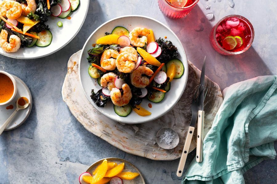 Tulum shrimp with citrus-kale salad and Mayan chipotle dressing