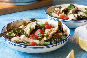 Greek lemon chicken soup with gluten-free orzo and grape leaves