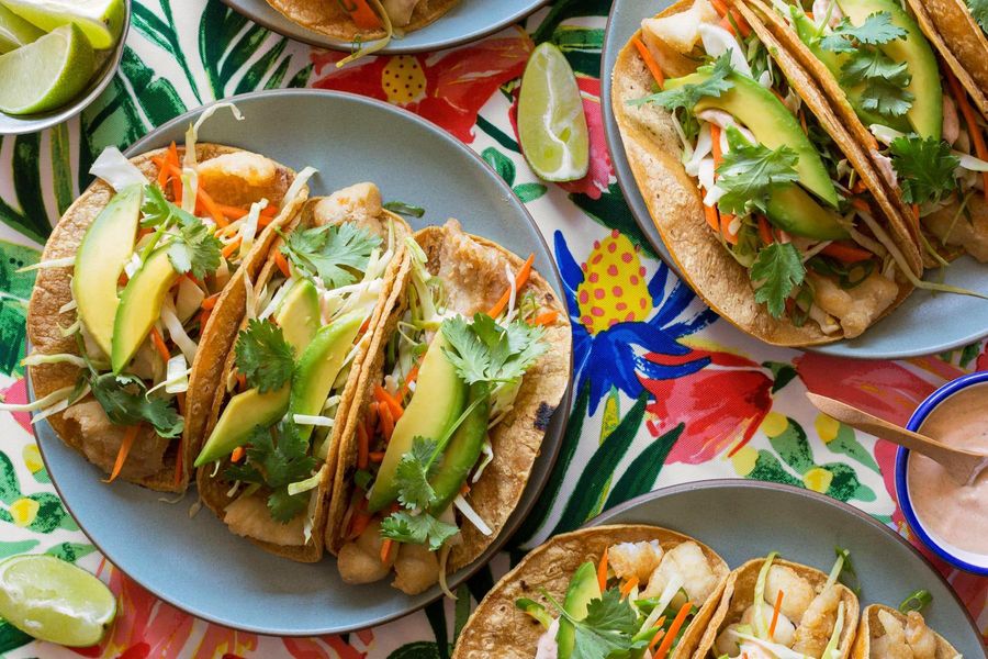 Surfer-style fish tacos with lime yogurt and cabbage slaw