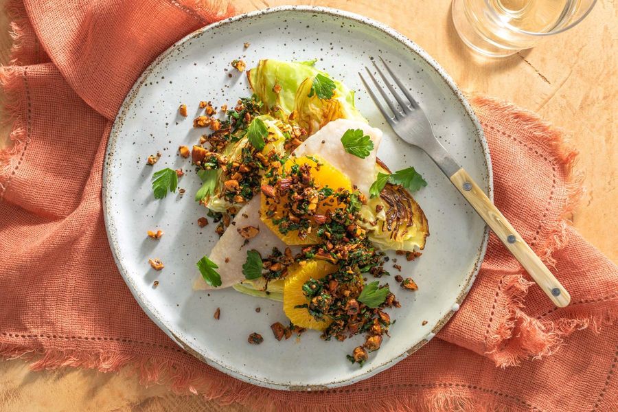 Citrus-roasted sole and cabbage with almond-coriander crunch