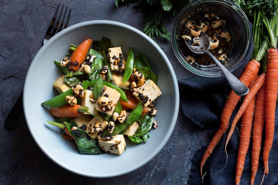 Spring vegetable and tofu stir fry with black-sesame vinaigrette