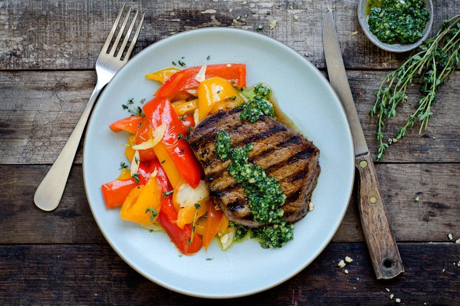 Grilled sirloins with piperade and arugula pesto 