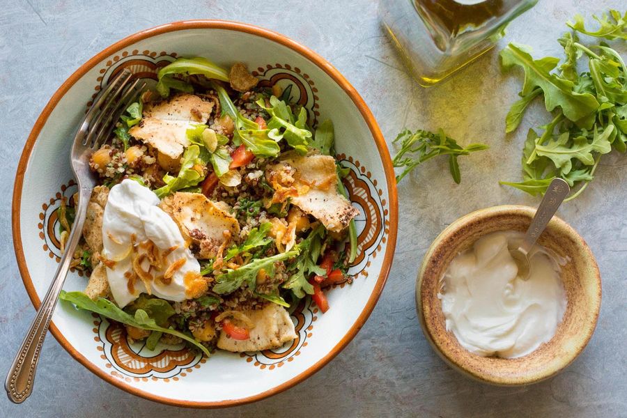 Spiced chickpeas and quinoa salad with pita croutons