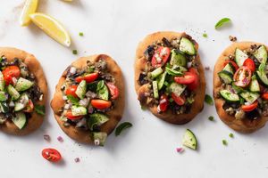Mediterranean mushroom-eggplant flatbreads with cucumber salad