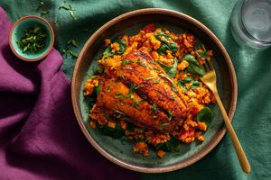 Moroccan-spiced king salmon with lentils, tomatoes, and baby spinach