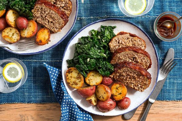 BBQ meatloaf with garlicky greens and rosemary-roasted potatoes
