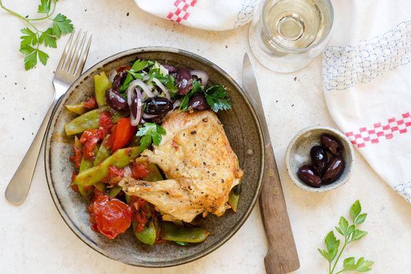 Roasted chicken with braised romano beans and tomatoes