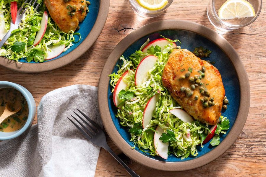 Chicken piccata with Brussels sprout and apple salad