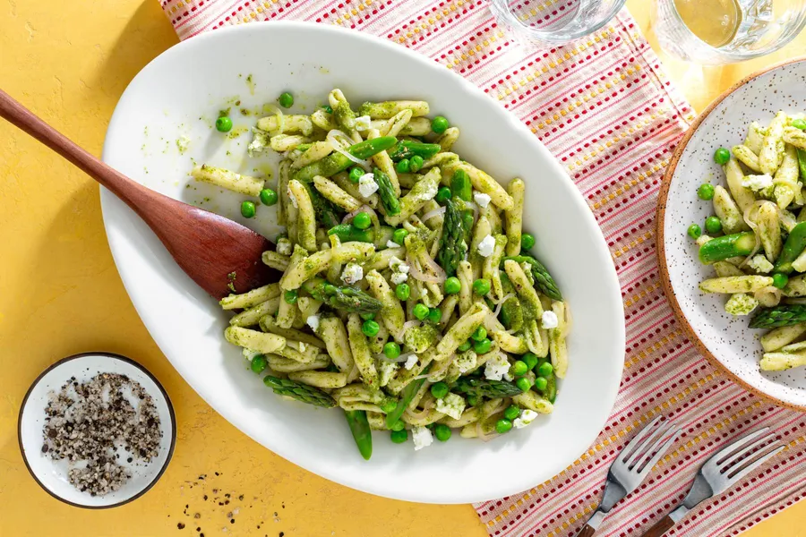 Fresh cavatelli with asparagus, goat cheese, and pesto