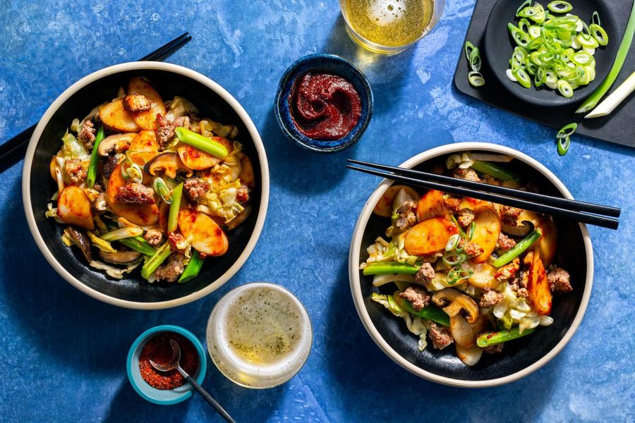 Korean tteokbokki rice cake stir-fry with shiitake mushrooms