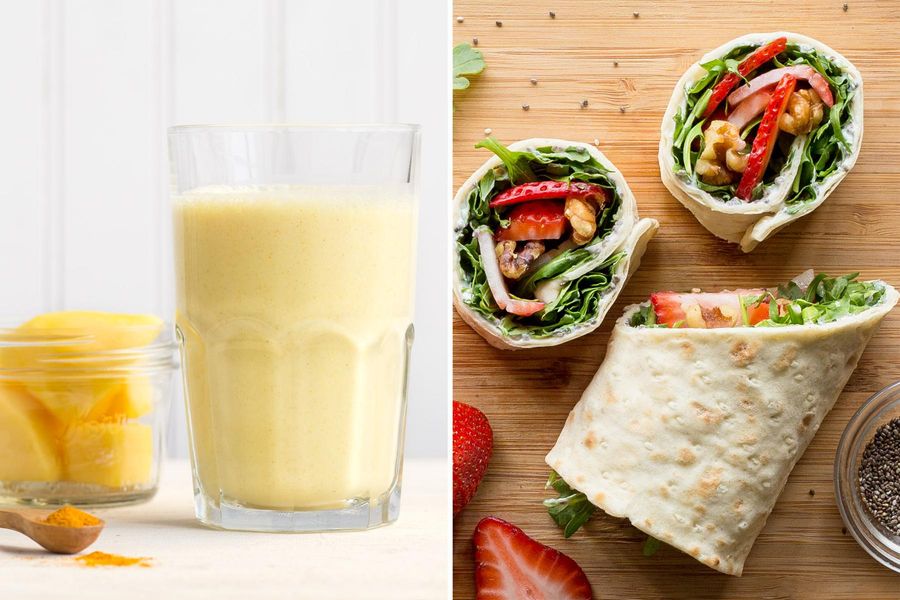 Mango lassi with turmeric & Strawberry-arugula breakfast wraps with honey-lime yogurt