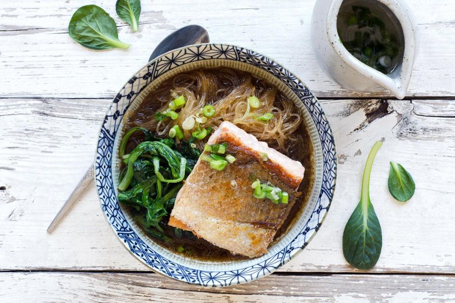 Salmon with glass noodles in miso broth