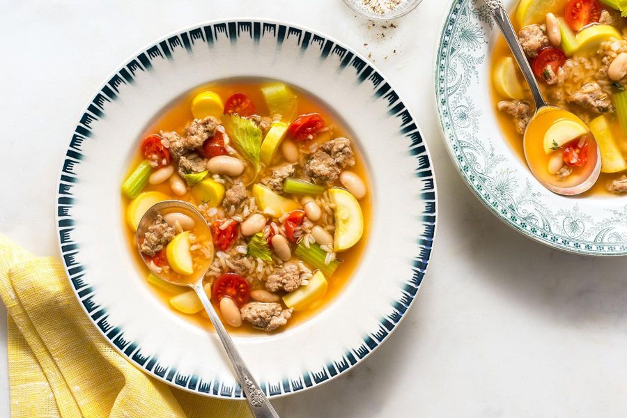 Turkey and vegetable minestrone with white beans and brown rice