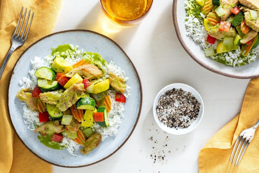 Spicy Thai green curry with zucchini, bell pepper, and jasmine rice