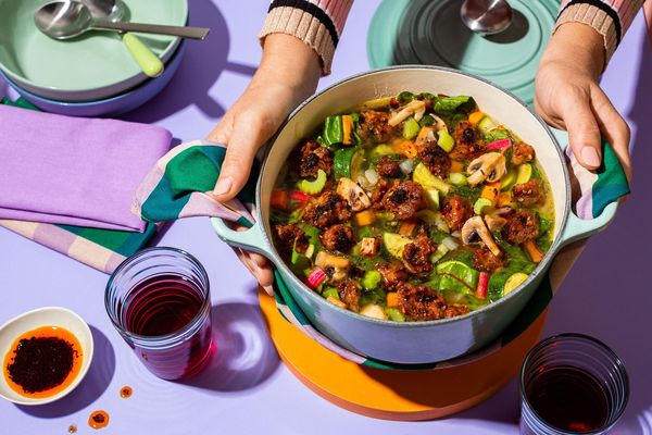 Hearty turkey soup with zucchini, rainbow chard, and Urfa chile oil