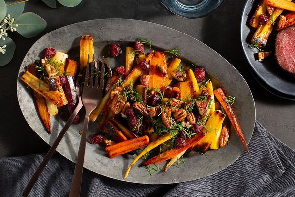 Coffee-maple glazed carrots with pecan-dill crumble