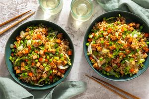 Tofu fried rice with bok choy and peas