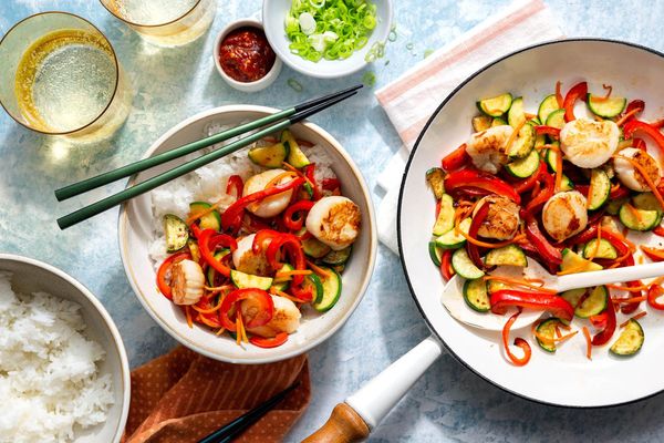 Hanoi steak stir-fry with zucchini and bell pepper over steamed rice