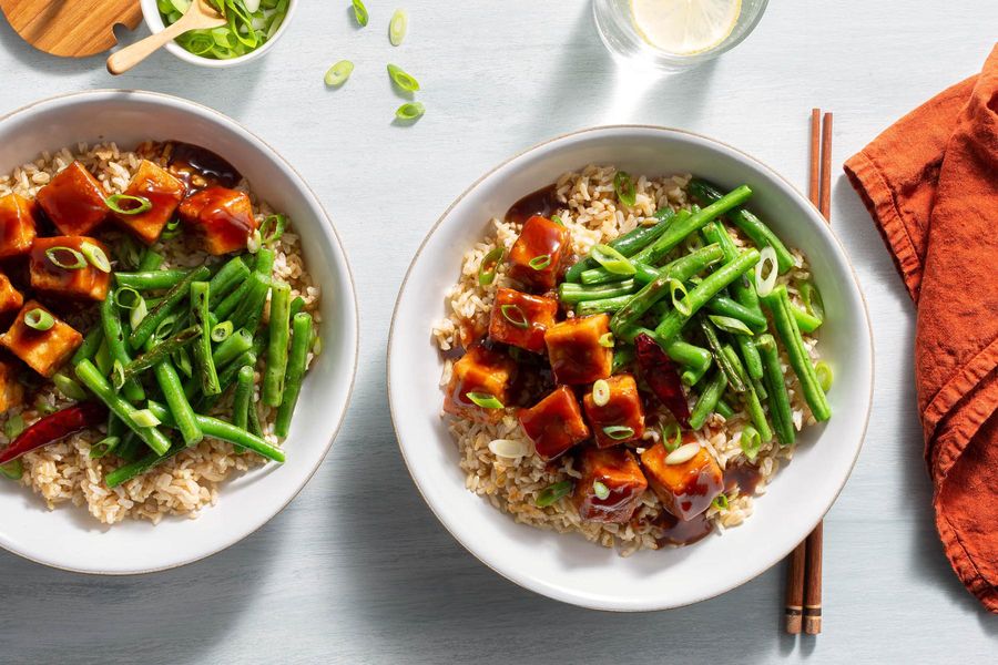 General Tso's tofu with green beans and brown rice