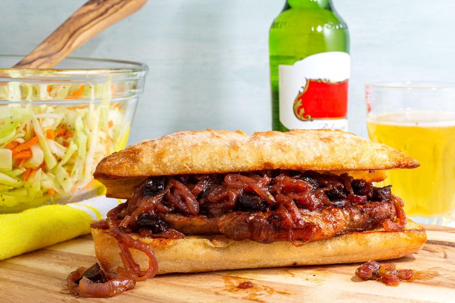 Chicago-style pork blade sandwiches with caramelized onion and coleslaw