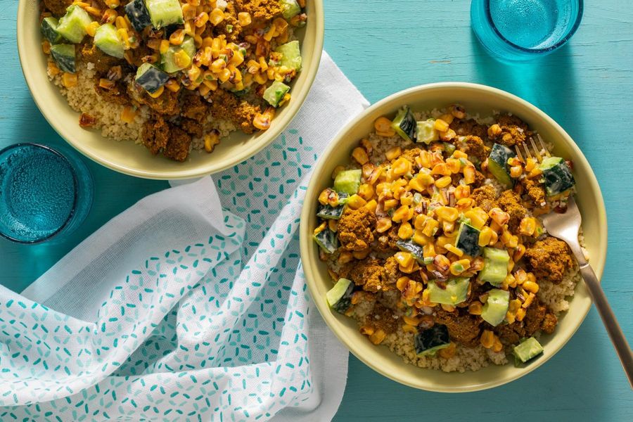 Couscous bowl with spiced beef, corn salad, and pineapple dressing