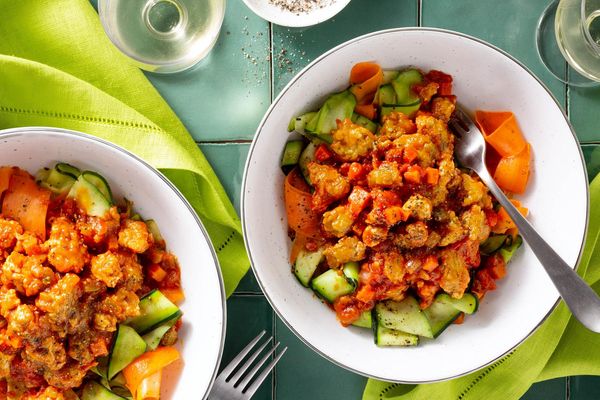 Turkey Bolognese over zucchini and carrot ribbons