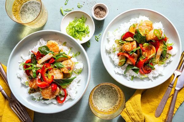 Rainbow stir-fry with chicken, Thai basil, and jasmine rice