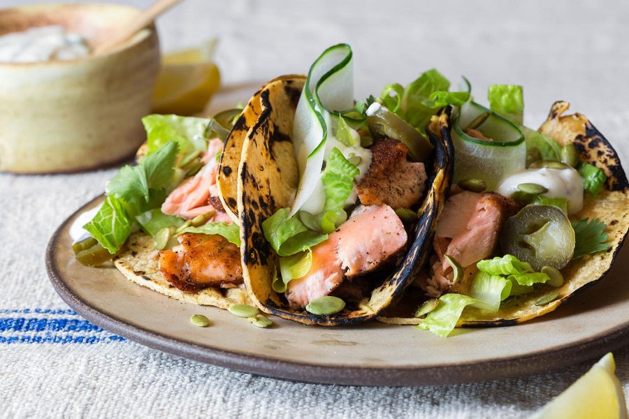 Five-spice salmon tacos with lemon-mint yogurt