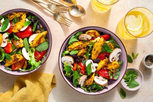 Turkey larb salad with mushrooms, tomatoes, and fresh mint