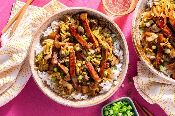 Five-spice pork stir-fry with cabbage and mushrooms over jasmine rice