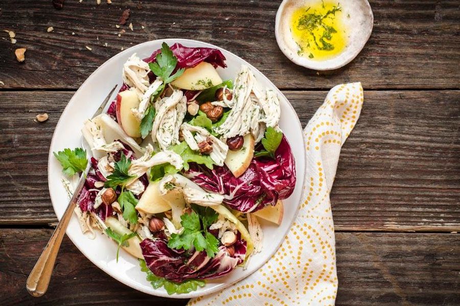 Chicken and chicory salad with dill and toasted hazelnuts