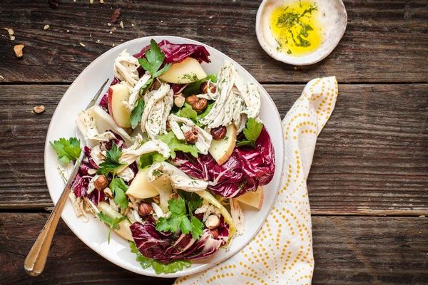 Chicken and chicory salad with dill and toasted hazelnuts