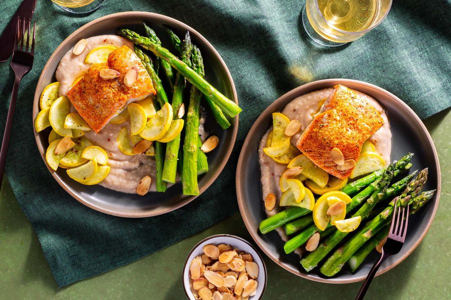 Oven-roasted king salmon with asparagus over spicy cannellini puree