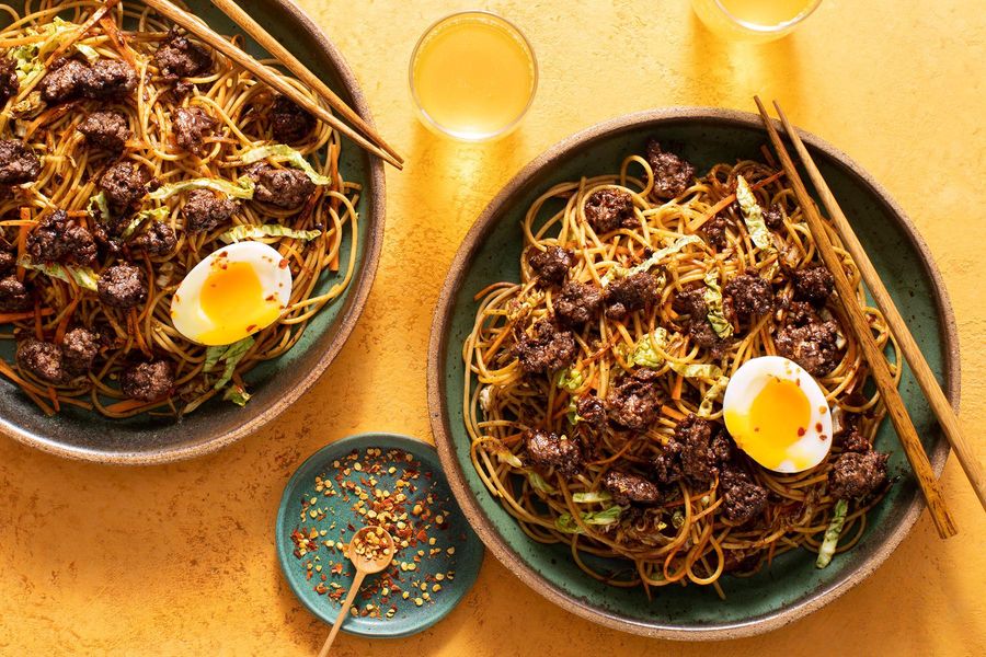 Lo mein with cabbage, black soybean sauce, and your choice of protein