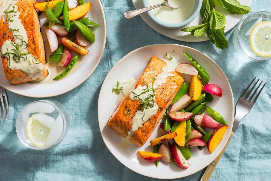 One-pan salmon with creamy citrus dressing and stone fruit–snap pea salad