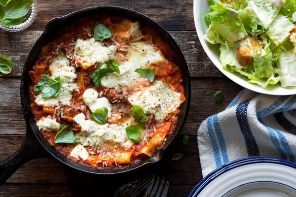 Stovetop skillet lasagna with Caesar salad